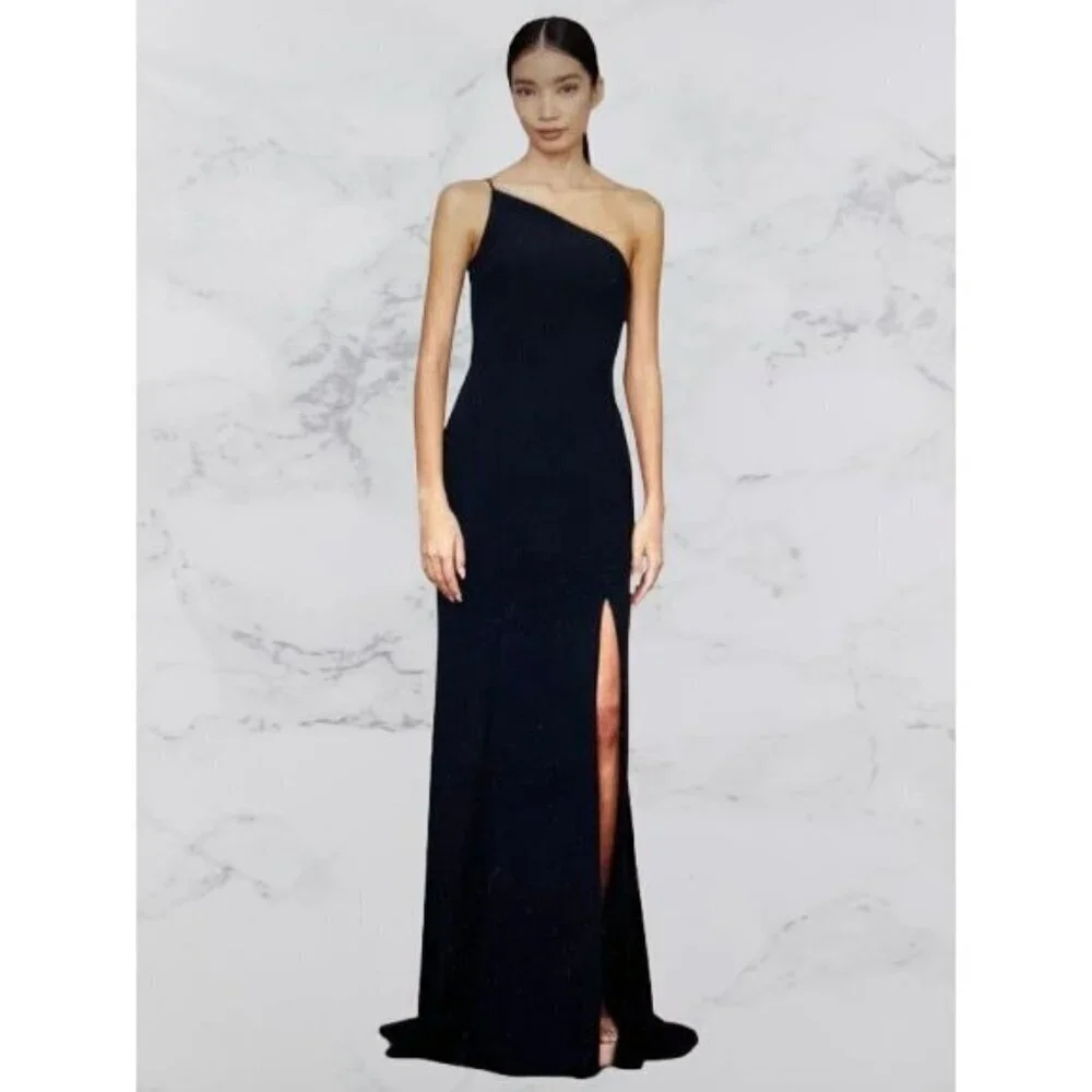 AMSALE Gown Black Satin Dress Maxi Prom Wedding One-shoulder Size 10
